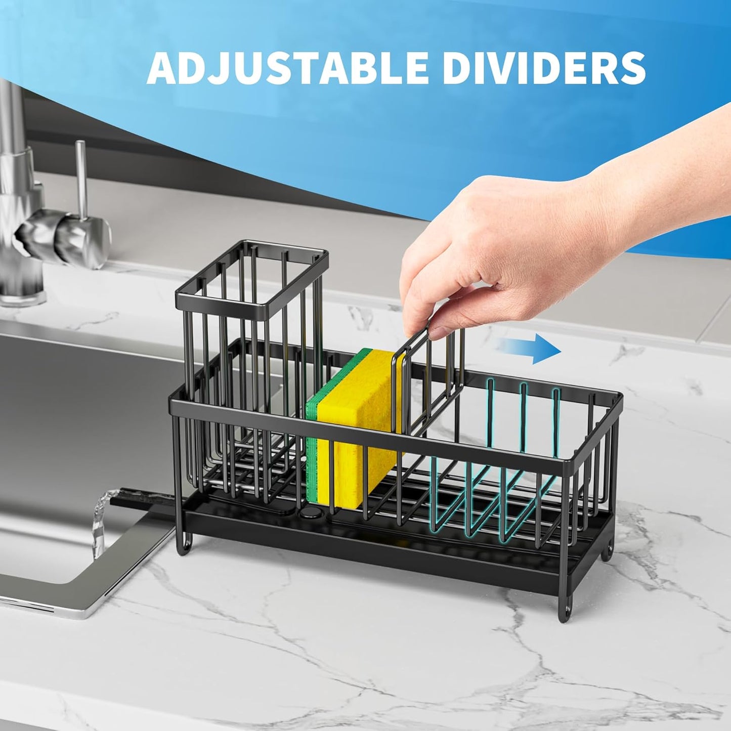 Black Kitchen Sink Caddy Organizer with High Brush Holder, Rustproof 304 Stainless Steel, Essential Storage Solution for Countertops and Soap Dispenser
