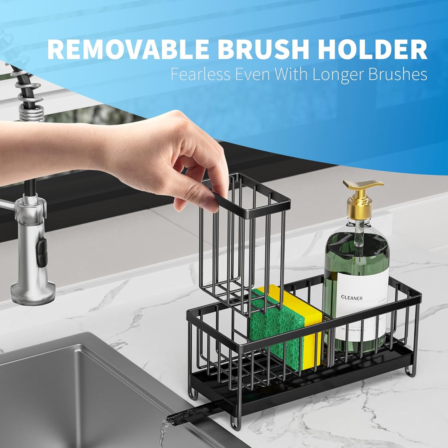 Black Kitchen Sink Caddy Organizer with High Brush Holder, Rustproof 304 Stainless Steel, Essential Storage Solution for Countertops and Soap Dispenser