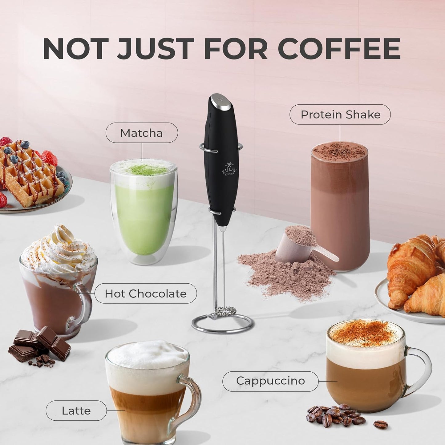 Premium Handheld Milk Frother with 2 Duracell Batteries - High-Speed Electric Whisk for Coffee, Lattes, Cappuccinos, Matcha, Hot Chocolate, and Creamer - Black