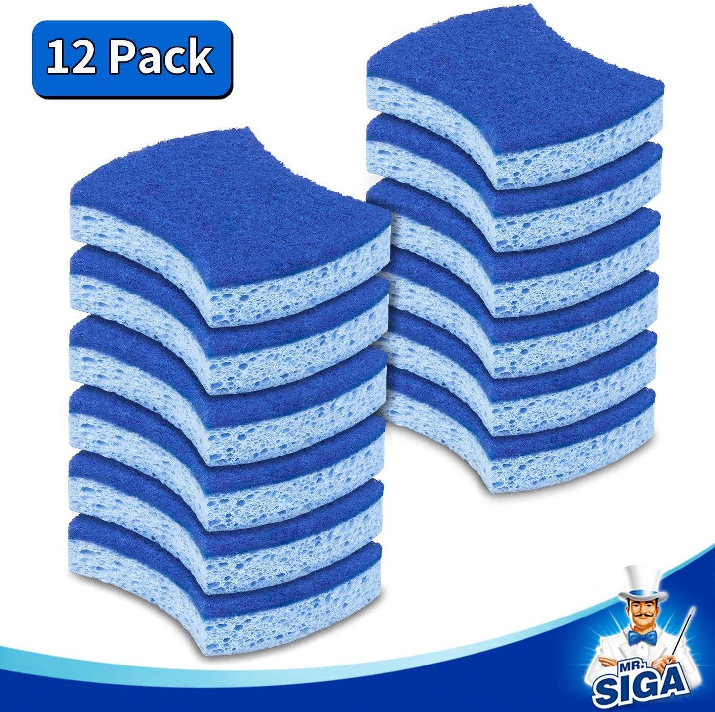 Non-Scratch Cellulose Dual-Sided Dishwashing Sponges for Kitchen, Pack of 12