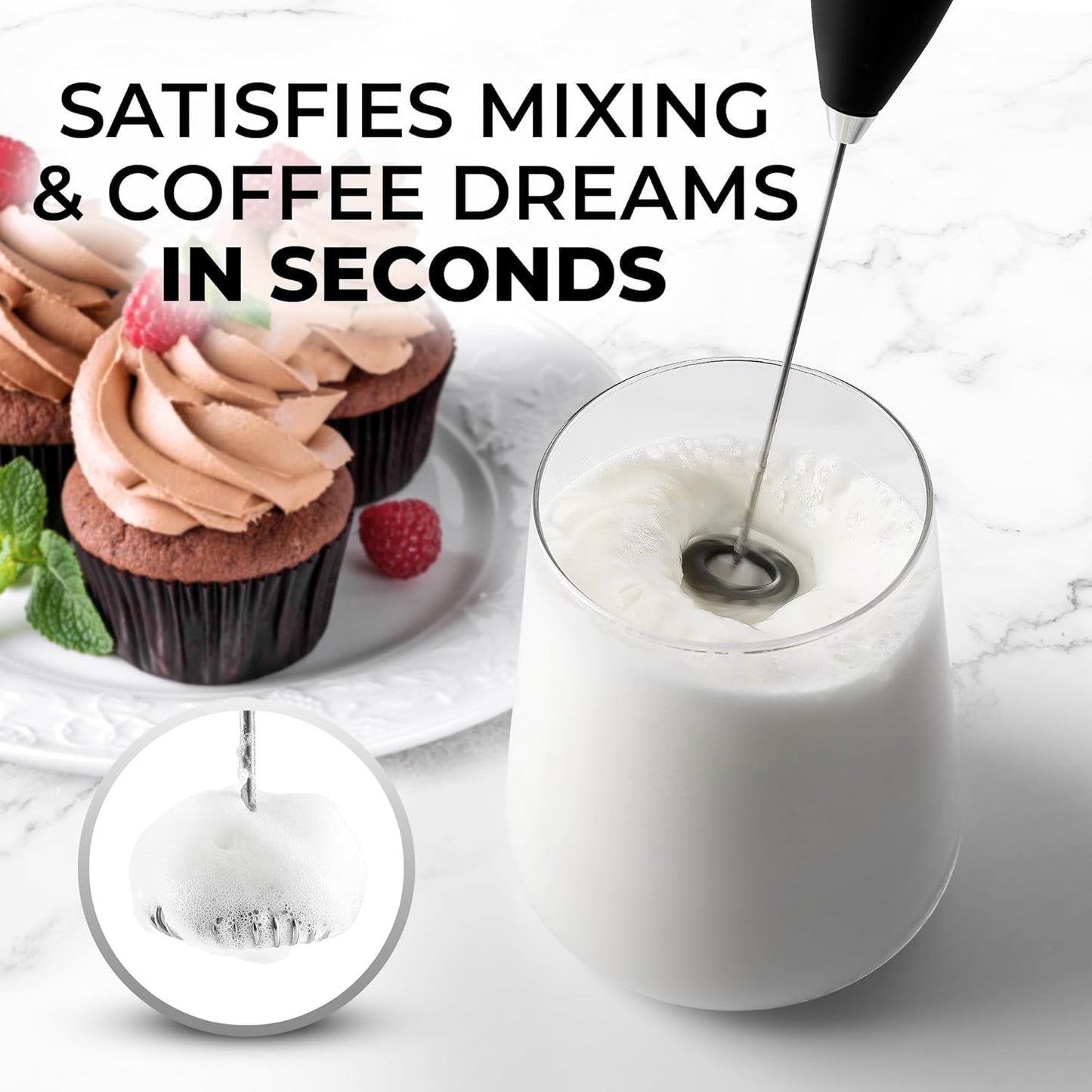 Premium Handheld Milk Frother with 2 Duracell Batteries - High-Speed Electric Whisk for Coffee, Lattes, Cappuccinos, Matcha, Hot Chocolate, and Creamer - Black