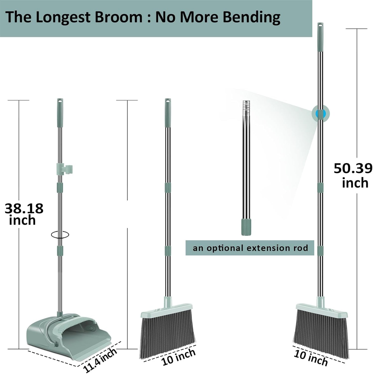 Professional Upgrade Broom and Dustpan Set with Extended Handle, Ideal for Indoor and Outdoor Use – Suitable for Garage, Kitchen, Office, and Lobby (Green)