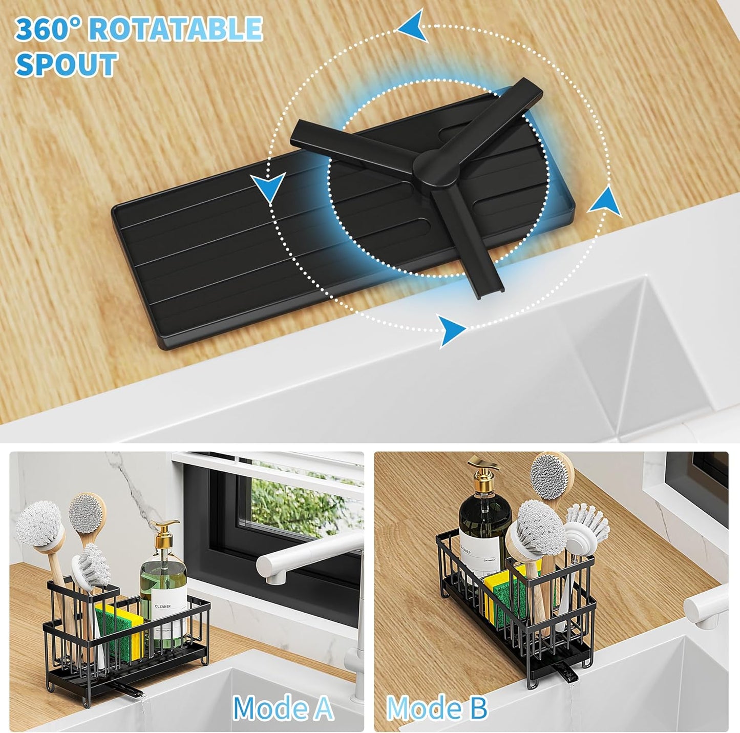Black Kitchen Sink Caddy Organizer with High Brush Holder, Rustproof 304 Stainless Steel, Essential Storage Solution for Countertops and Soap Dispenser