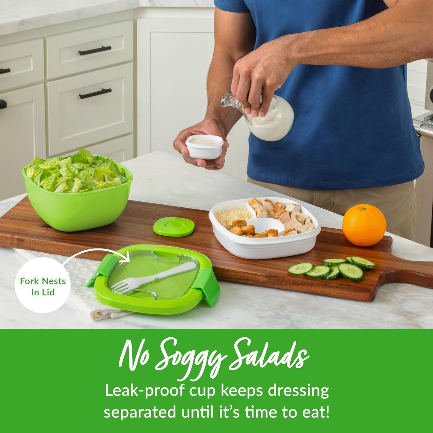 54 Oz Salad Bowl with 4-Compartment Toppings Tray, Leak-Proof Dressing Container, Reusable Fork, BPA-Free Lunch Box for Meal Prep and Food Storage with Removable Bento Tray (Green)