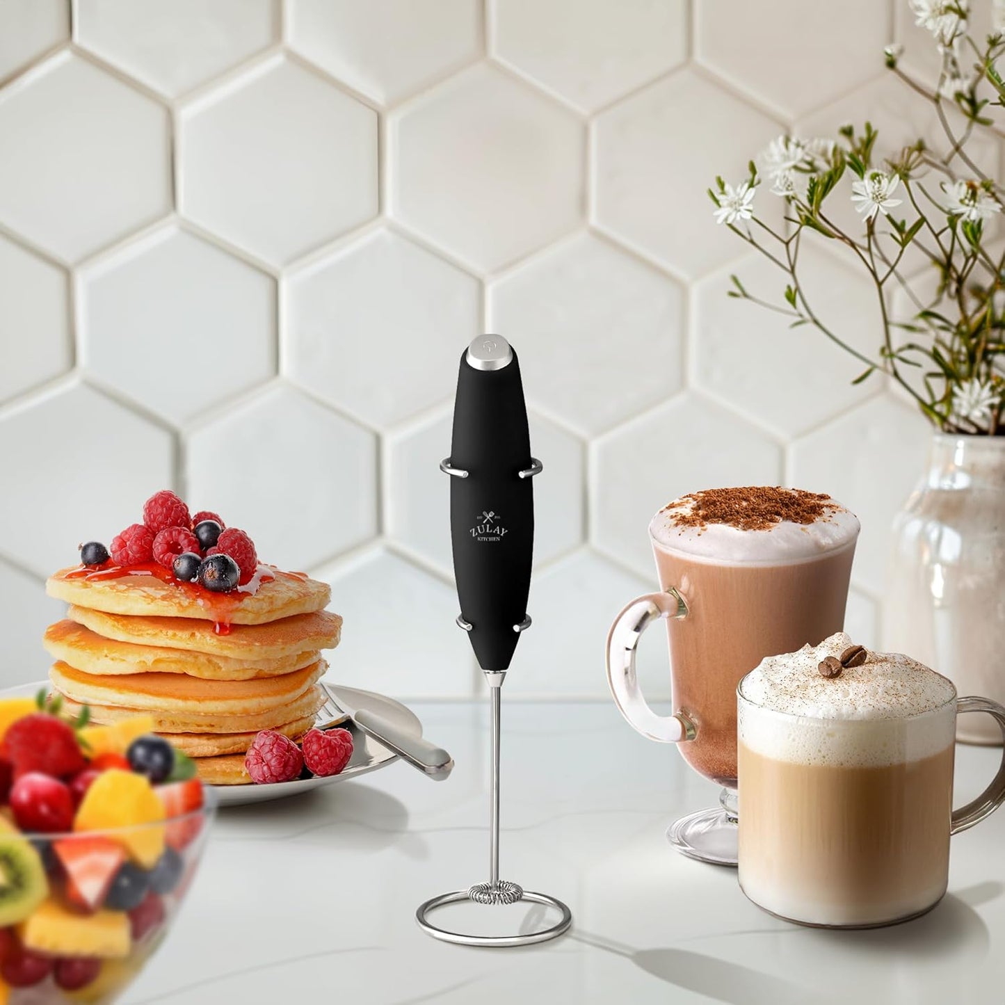 Premium Handheld Milk Frother with 2 Duracell Batteries - High-Speed Electric Whisk for Coffee, Lattes, Cappuccinos, Matcha, Hot Chocolate, and Creamer - Black