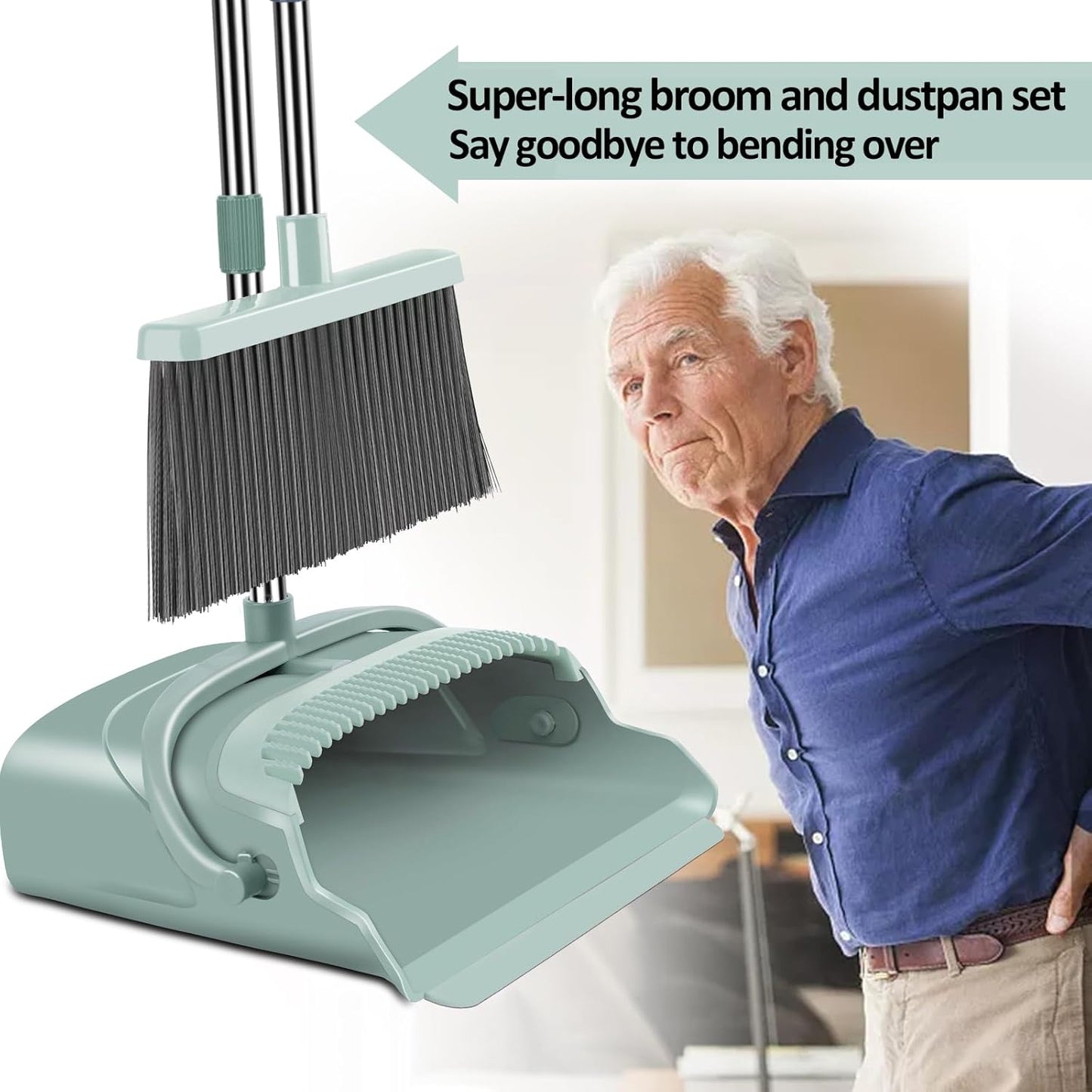 Professional Upgrade Broom and Dustpan Set with Extended Handle, Ideal for Indoor and Outdoor Use – Suitable for Garage, Kitchen, Office, and Lobby (Green)