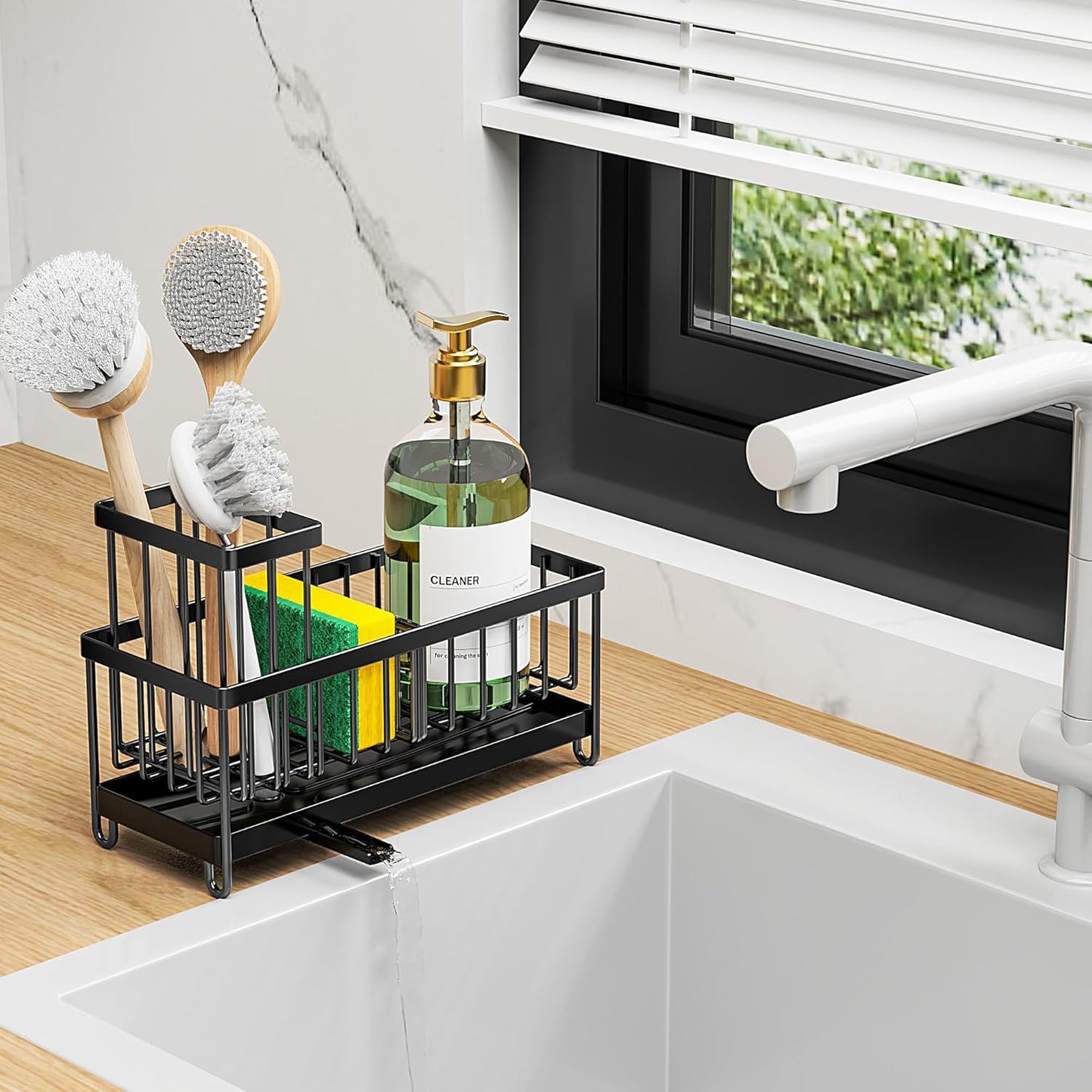 Black Kitchen Sink Caddy Organizer with High Brush Holder, Rustproof 304 Stainless Steel, Essential Storage Solution for Countertops and Soap Dispenser