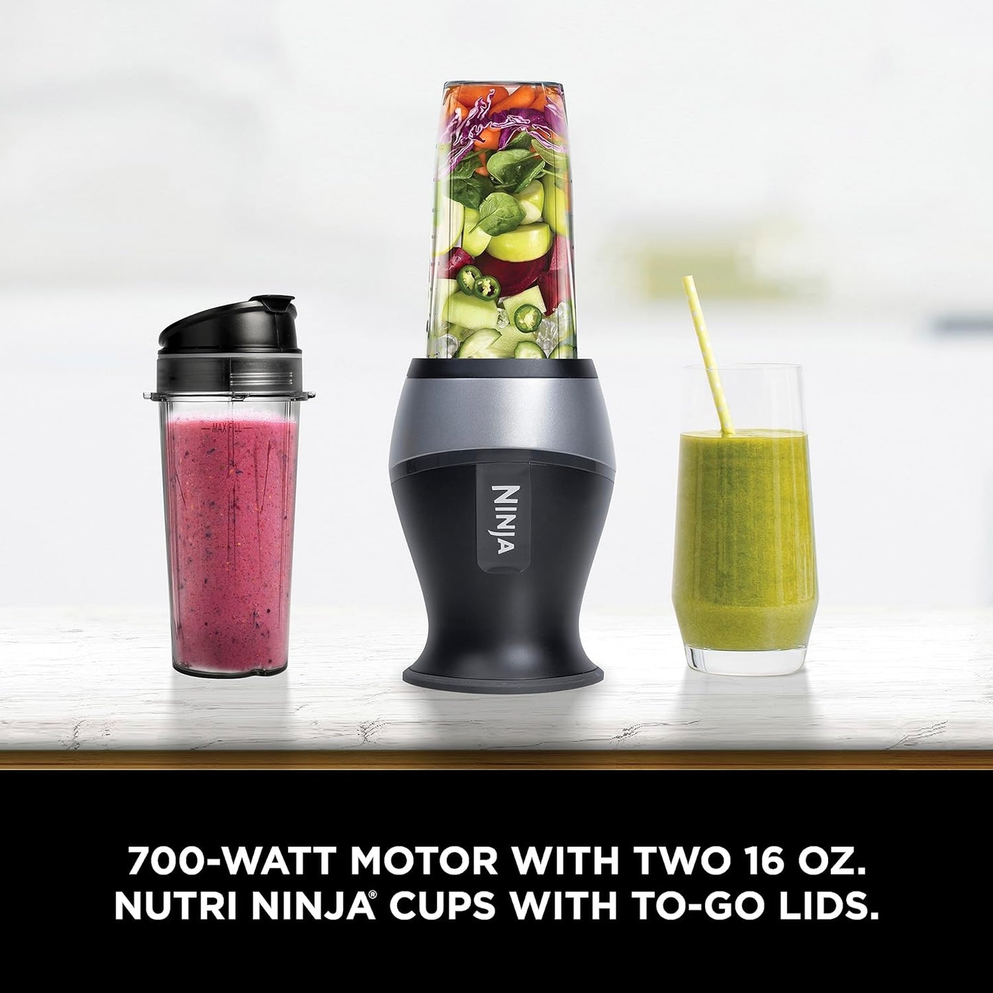 Fit Compact Personal Blender - Portable 700-Watt Blender for Smoothies, Shakes, Food Preparation, and Frozen Blending with (2) 16-Oz. Cups and Spout Lids, Black QB3001SS