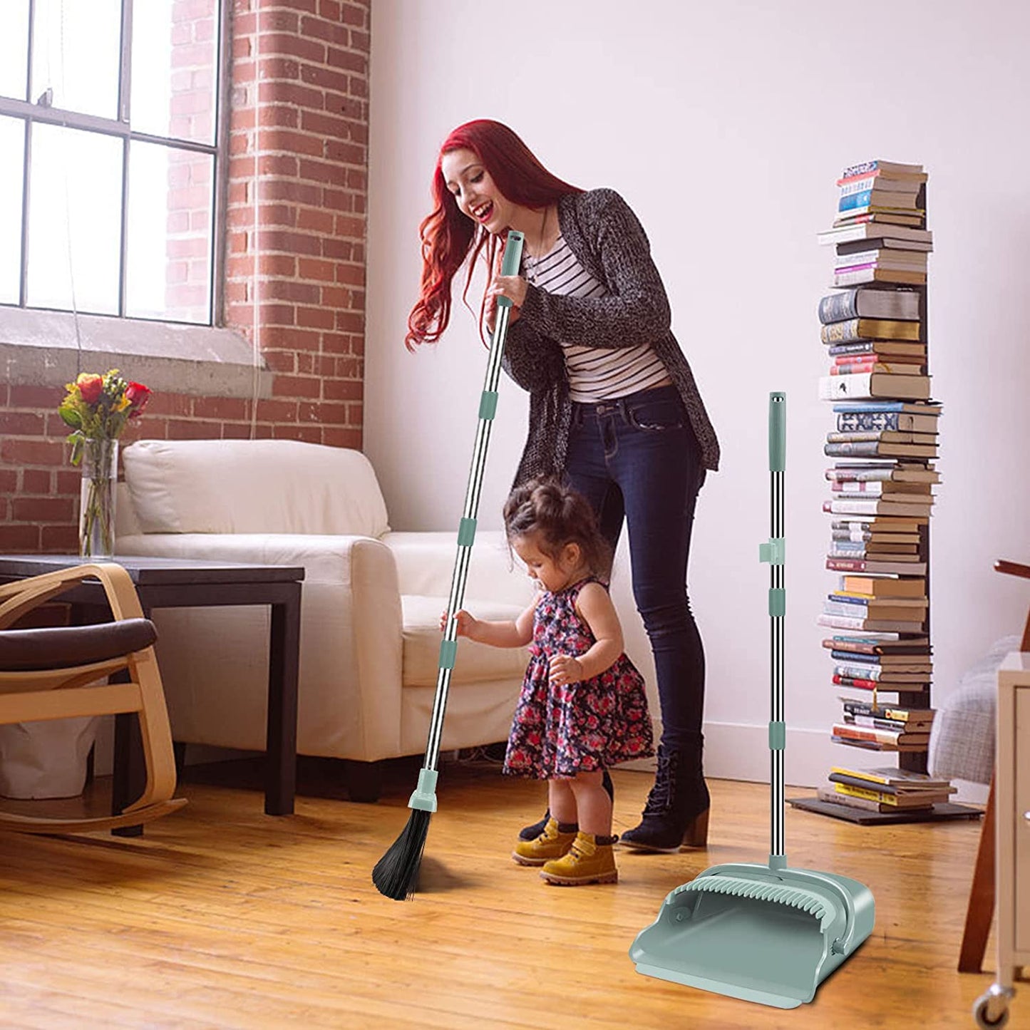 Professional Upgrade Broom and Dustpan Set with Extended Handle, Ideal for Indoor and Outdoor Use – Suitable for Garage, Kitchen, Office, and Lobby (Green)