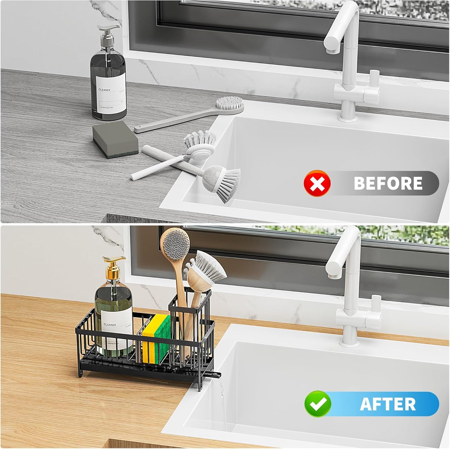 Black Kitchen Sink Caddy Organizer with High Brush Holder, Rustproof 304 Stainless Steel, Essential Storage Solution for Countertops and Soap Dispenser