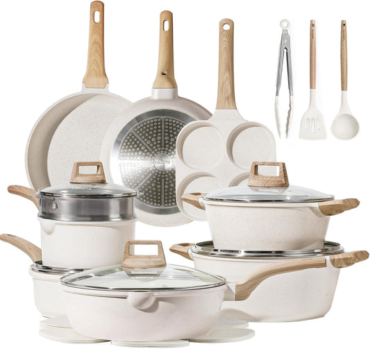 21-Piece Nonstick Cookware Set with White Granite Finish, Induction-Ready Frying Pans and Saucepans (PFOS, PFOA Free)