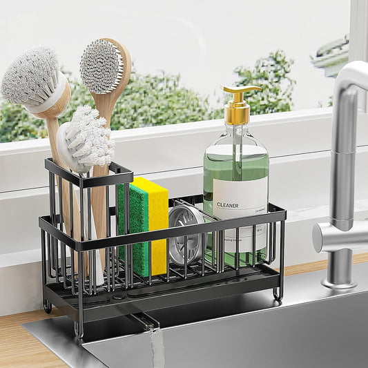 Black Kitchen Sink Caddy Organizer with High Brush Holder, Rustproof 304 Stainless Steel, Essential Storage Solution for Countertops and Soap Dispenser