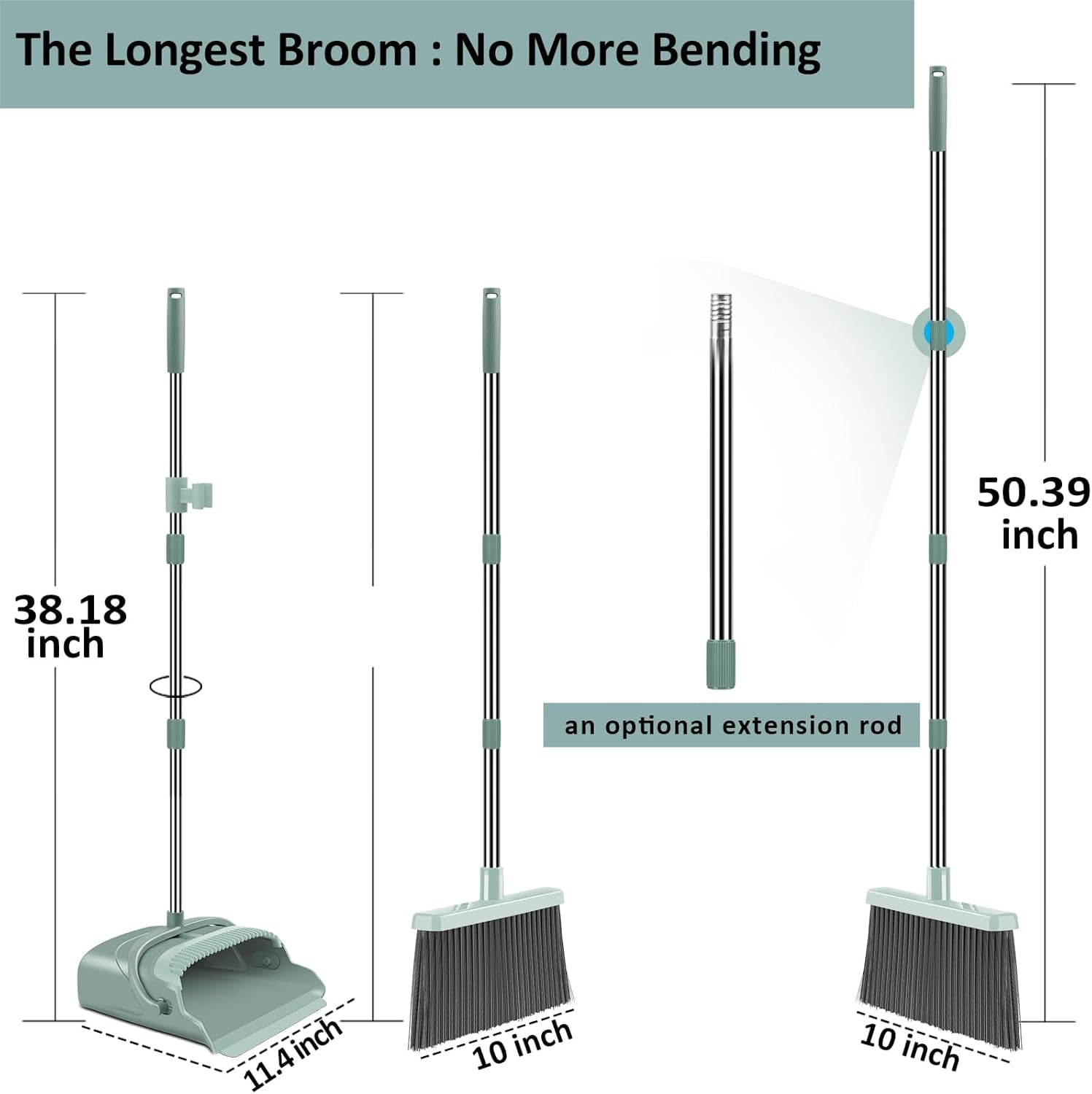 Professional Upgrade Broom and Dustpan Set with Extended Handle, Ideal for Indoor and Outdoor Use – Suitable for Garage, Kitchen, Office, and Lobby (Green)