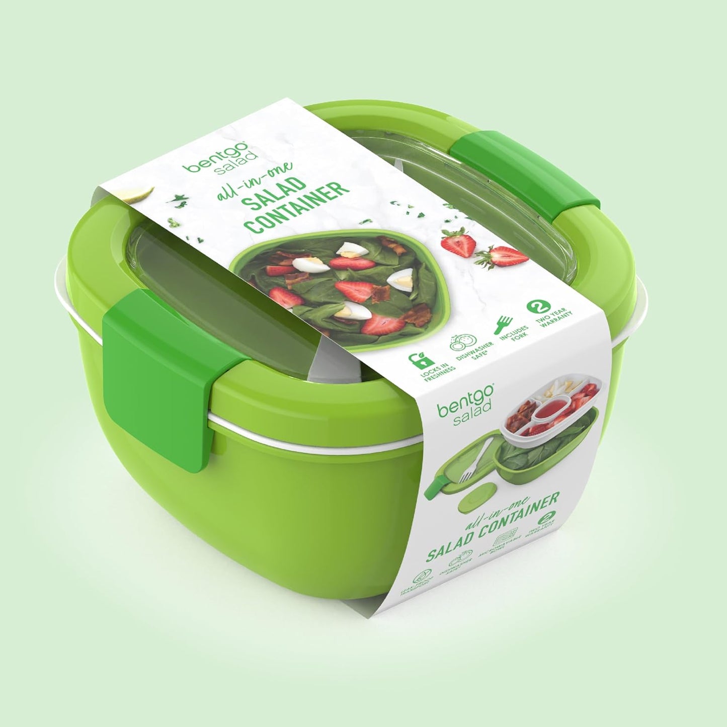54 Oz Salad Bowl with 4-Compartment Toppings Tray, Leak-Proof Dressing Container, Reusable Fork, BPA-Free Lunch Box for Meal Prep and Food Storage with Removable Bento Tray (Green)