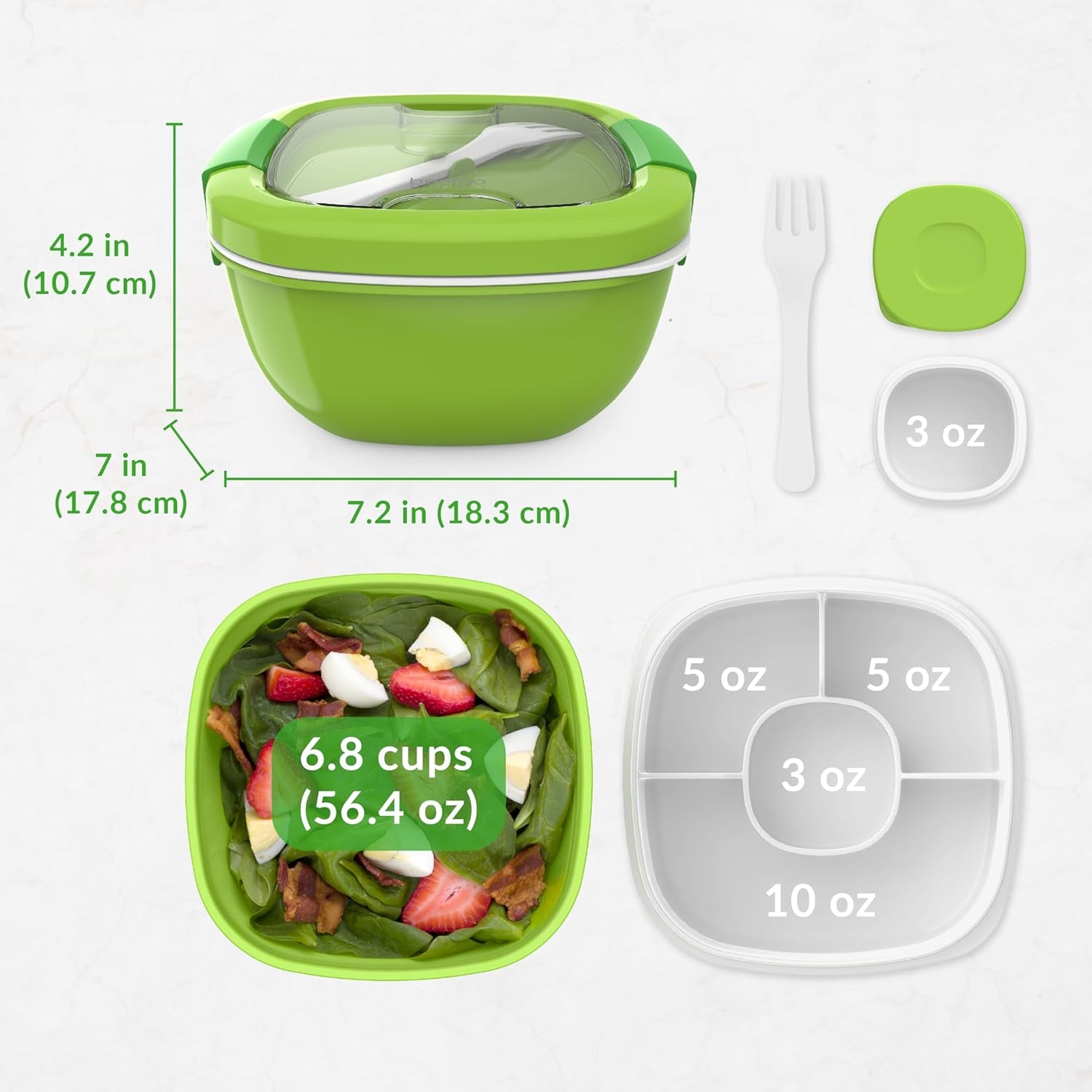 54 Oz Salad Bowl with 4-Compartment Toppings Tray, Leak-Proof Dressing Container, Reusable Fork, BPA-Free Lunch Box for Meal Prep and Food Storage with Removable Bento Tray (Green)