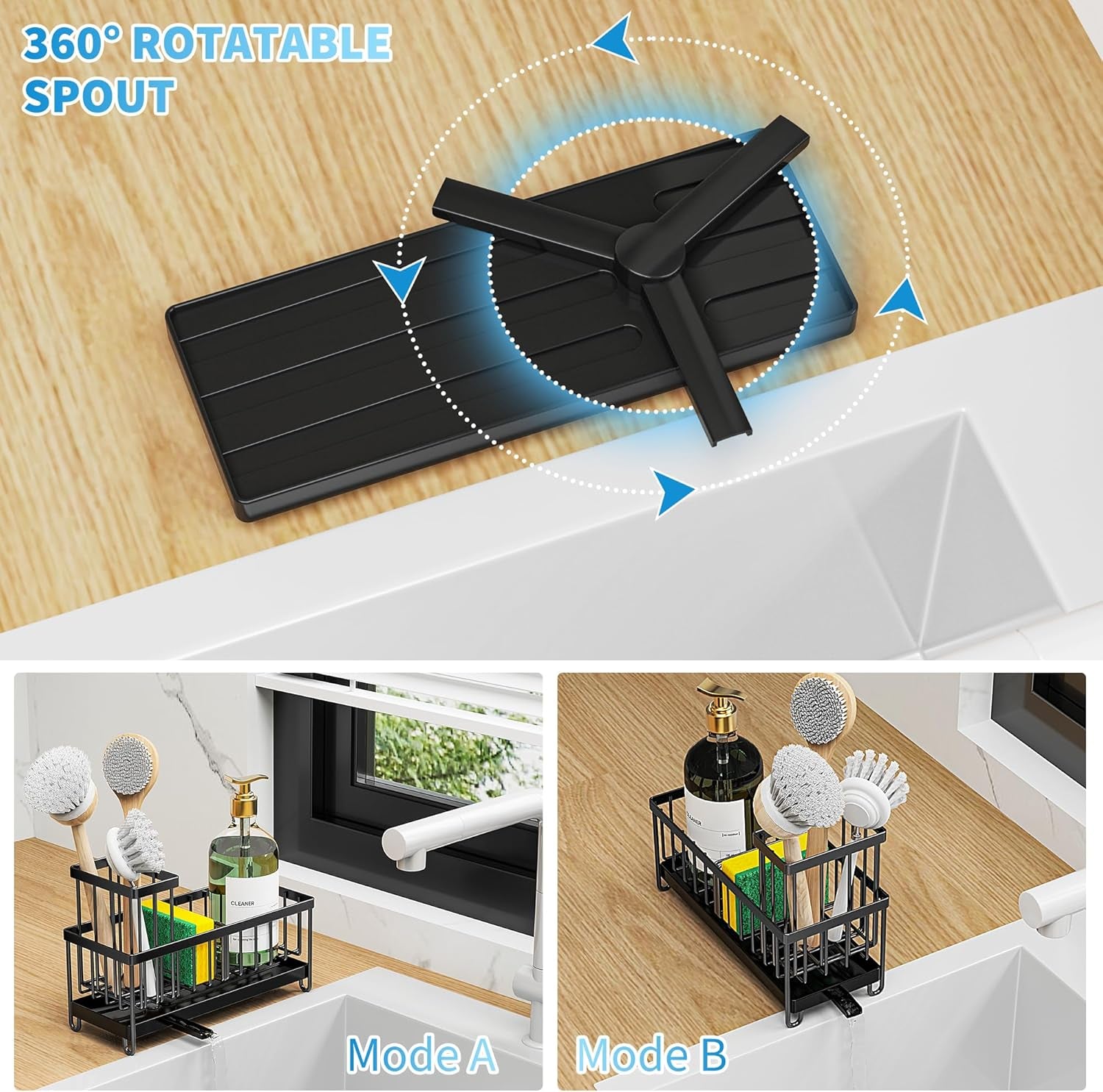 Black Kitchen Sink Caddy Organizer with High Brush Holder, Rustproof 304 Stainless Steel, Essential Storage Solution for Countertops and Soap Dispenser