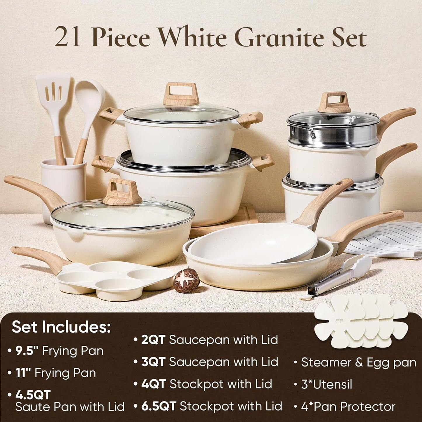 21-Piece Nonstick Cookware Set with White Granite Finish, Induction-Ready Frying Pans and Saucepans (PFOS, PFOA Free)