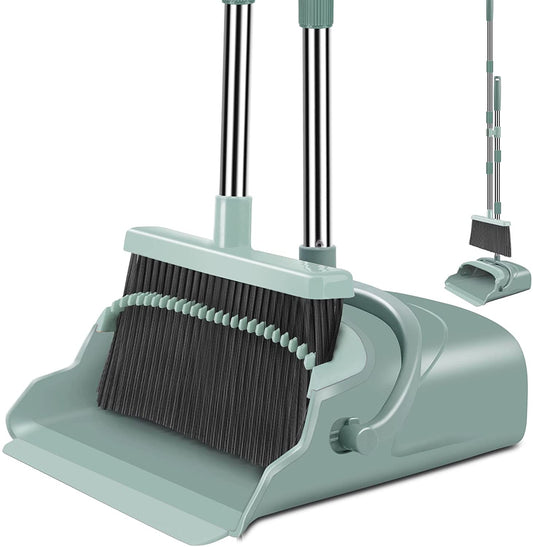 Professional Upgrade Broom and Dustpan Set with Extended Handle, Ideal for Indoor and Outdoor Use – Suitable for Garage, Kitchen, Office, and Lobby (Green)