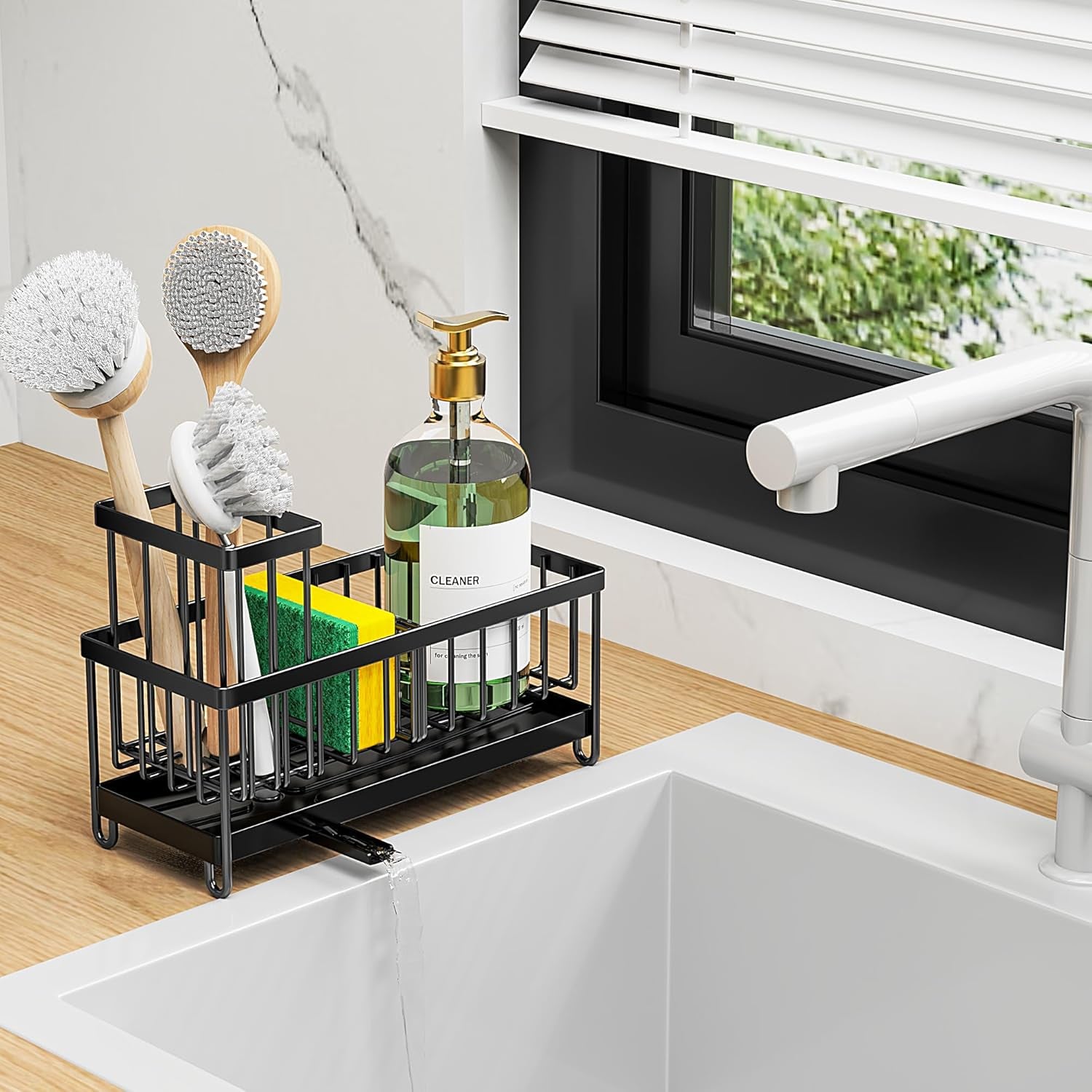 Black Kitchen Sink Caddy Organizer with High Brush Holder, Rustproof 304 Stainless Steel, Essential Storage Solution for Countertops and Soap Dispenser