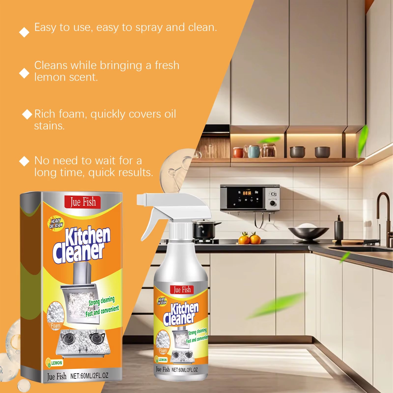 Transform Your Kitchen with Jue-Fish Kitchen Foam Cleaner - Effortlessly Remove Heavy Oil Stains from Grills, Ovens & Surfaces!