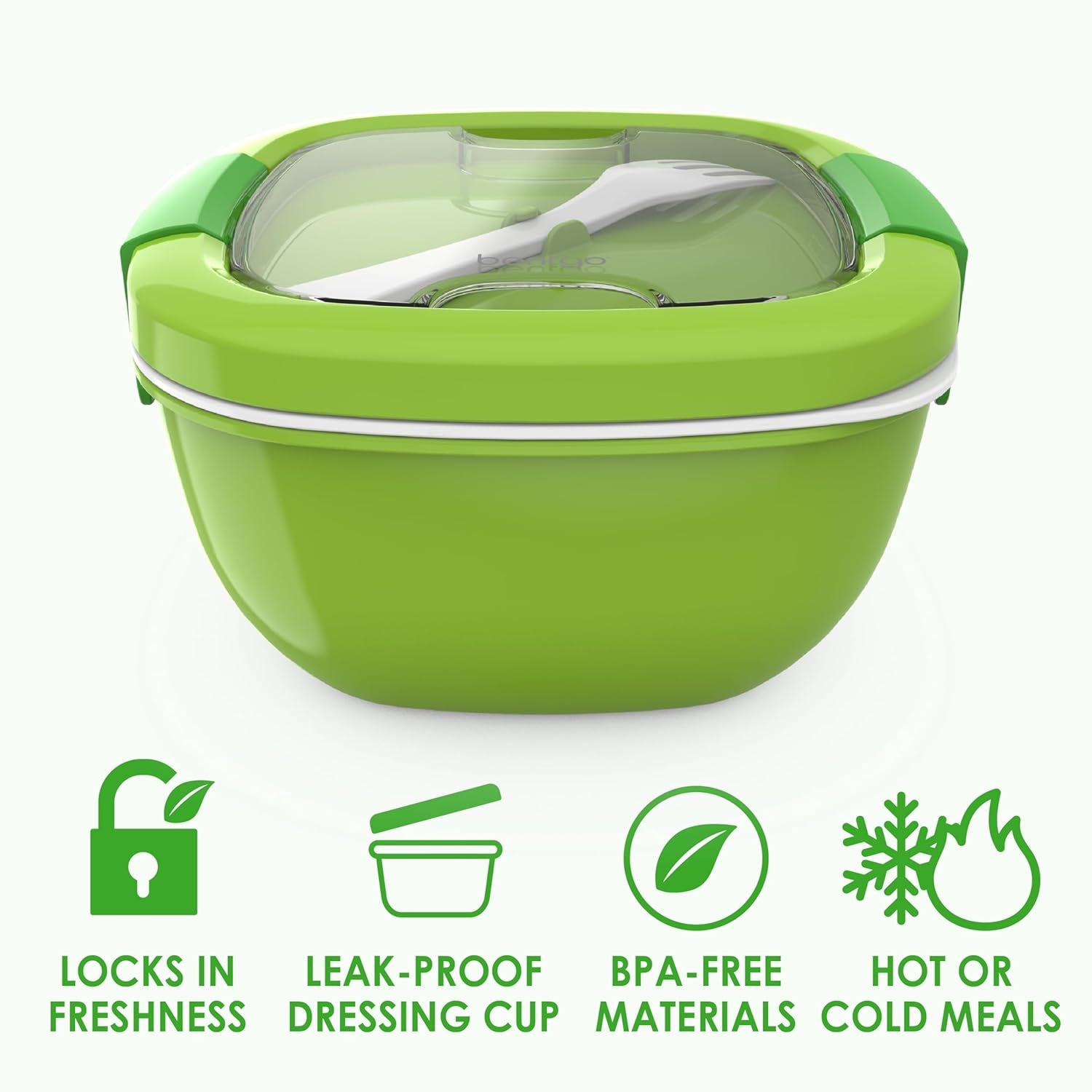 54 Oz Salad Bowl with 4-Compartment Toppings Tray, Leak-Proof Dressing Container, Reusable Fork, BPA-Free Lunch Box for Meal Prep and Food Storage with Removable Bento Tray (Green)
