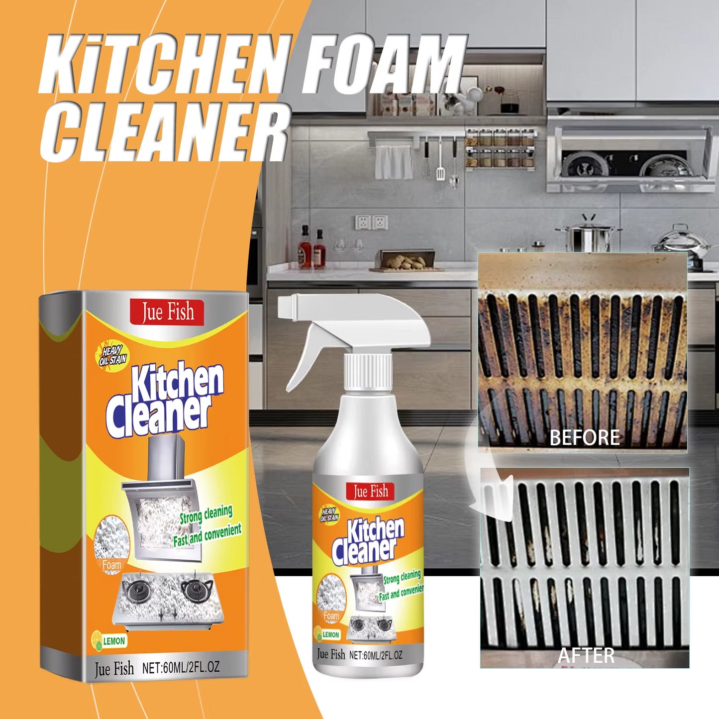 Transform Your Kitchen with Jue-Fish Kitchen Foam Cleaner - Effortlessly Remove Heavy Oil Stains from Grills, Ovens & Surfaces!