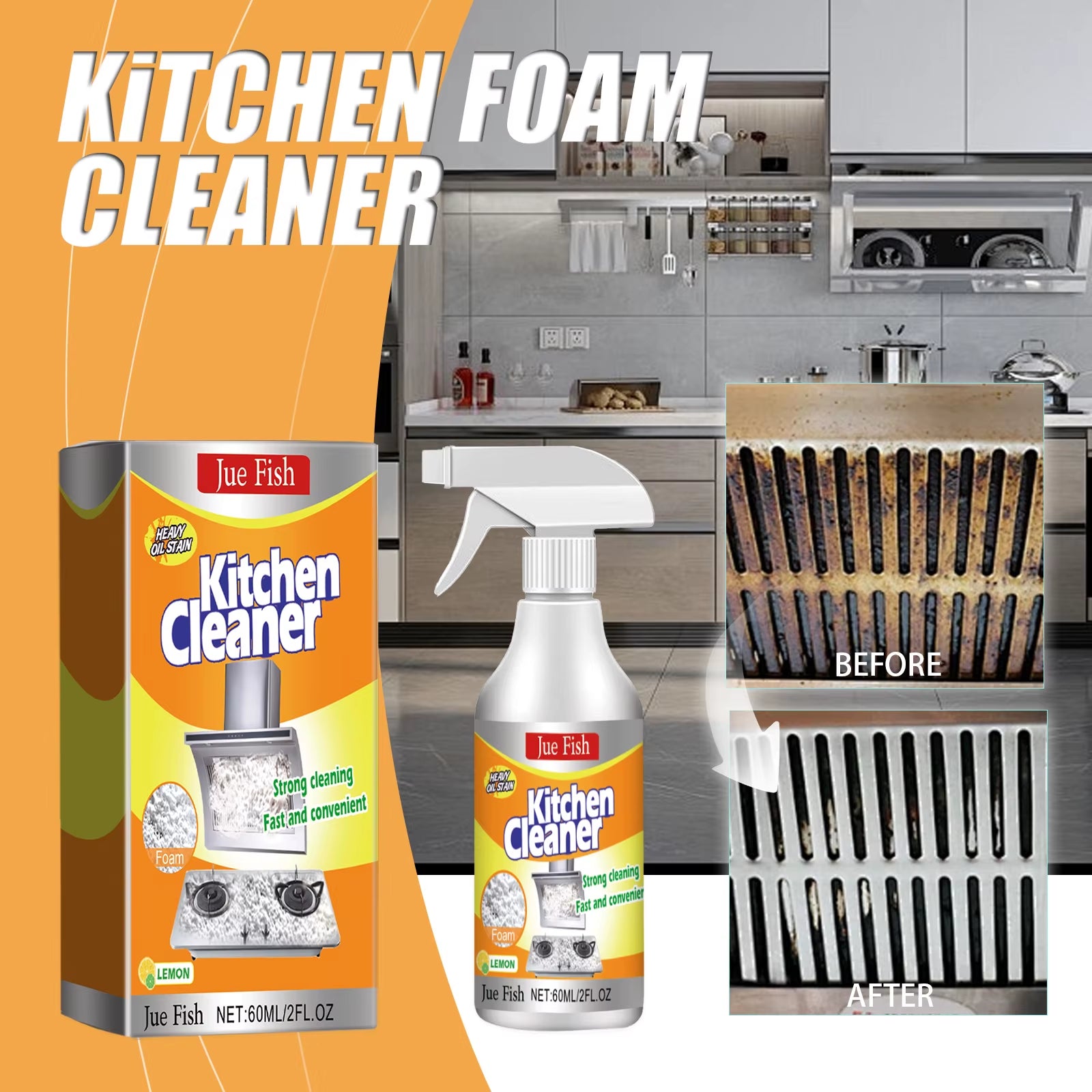 Transform Your Kitchen with Jue-Fish Kitchen Foam Cleaner - Effortlessly Remove Heavy Oil Stains from Grills, Ovens & Surfaces!