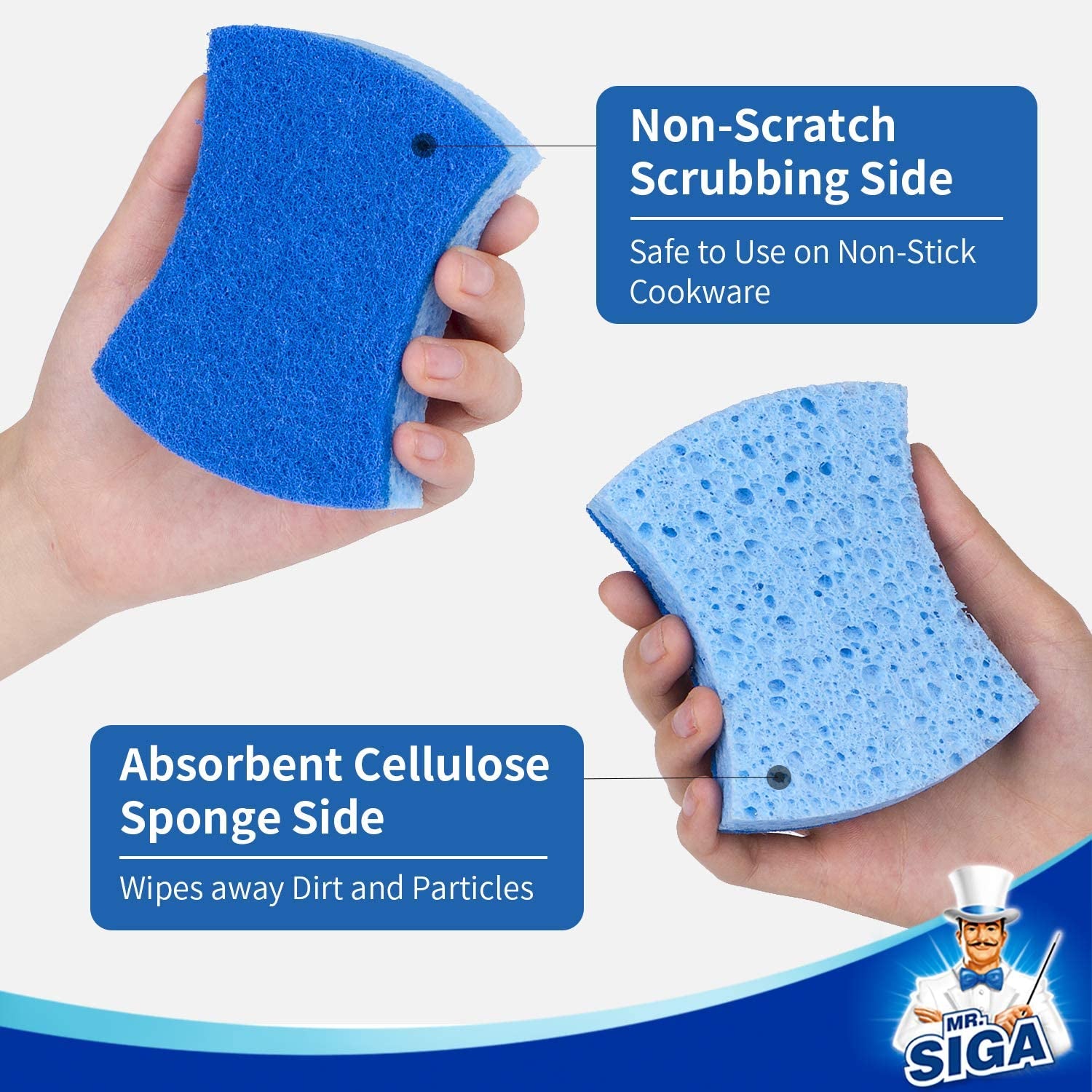 Non-Scratch Cellulose Dual-Sided Dishwashing Sponges for Kitchen, Pack of 12