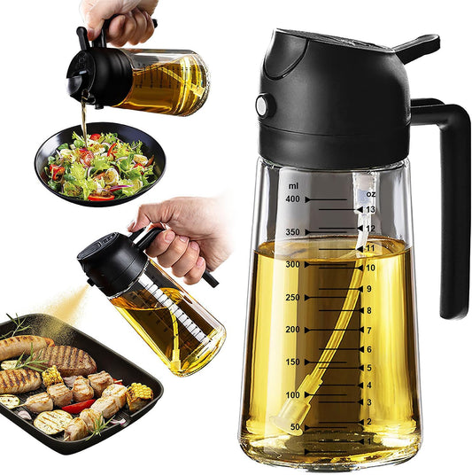 16 oz Glass Olive Oil Sprayer and Dispenser Bottle - Versatile Kitchen Gadget for Cooking, Air Frying, Salads, and BBQ - Black