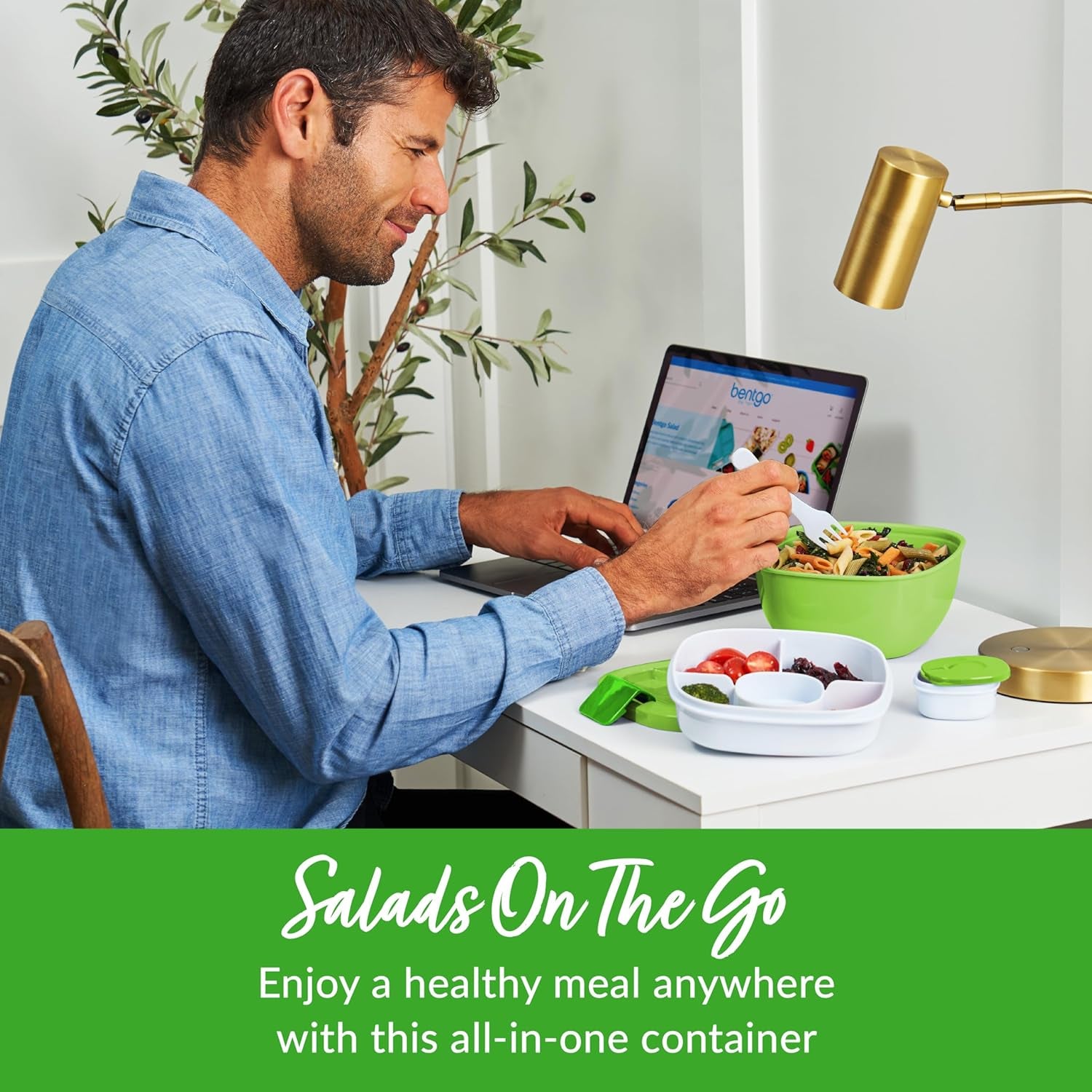 54 Oz Salad Bowl with 4-Compartment Toppings Tray, Leak-Proof Dressing Container, Reusable Fork, BPA-Free Lunch Box for Meal Prep and Food Storage with Removable Bento Tray (Green)