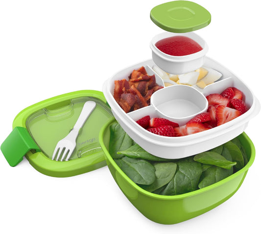 54 Oz Salad Bowl with 4-Compartment Toppings Tray, Leak-Proof Dressing Container, Reusable Fork, BPA-Free Lunch Box for Meal Prep and Food Storage with Removable Bento Tray (Green)