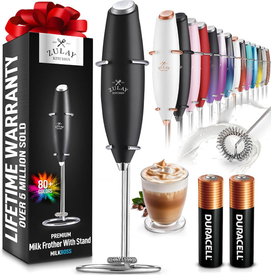 Premium Handheld Milk Frother with 2 Duracell Batteries - High-Speed Electric Whisk for Coffee, Lattes, Cappuccinos, Matcha, Hot Chocolate, and Creamer - Black
